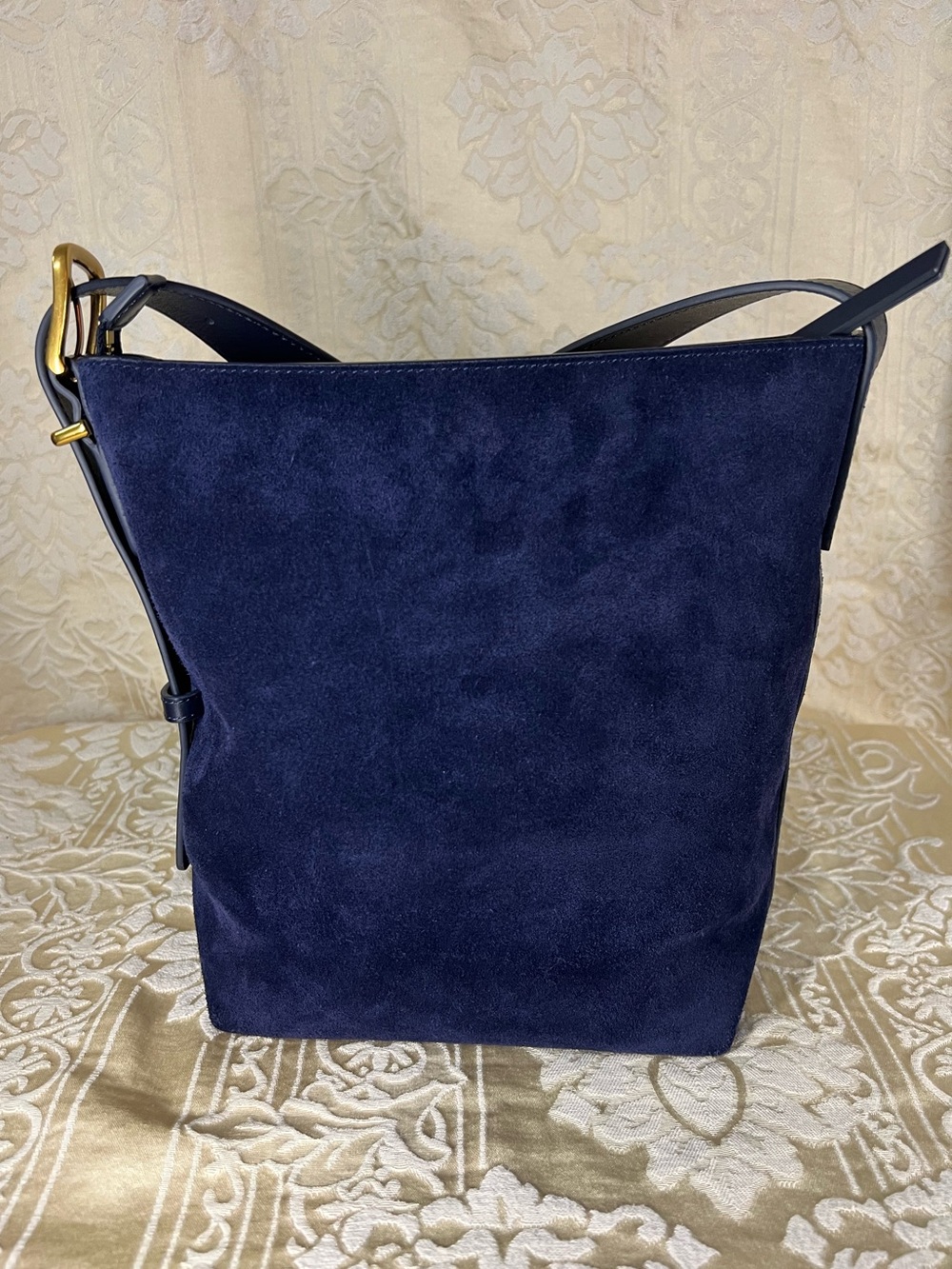 Quince Italian Suede Leather Bucket Shoulder Bag Midnight Blue Adjustable Strap - Picture 2 of 7